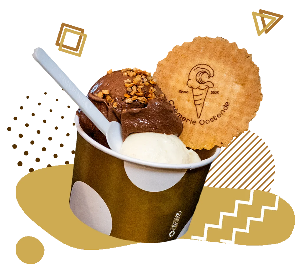 een heerlijk ijsje met een bolletje chocolade ijs, bestrooid met nootjes, een bolletje vanille ijs en een lekker wafeltje erbij
